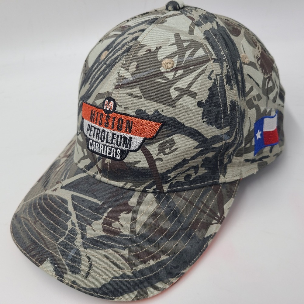 Vintage Mission Petroleum Carriers Hat Adjustable Gray Beige Camo Texas Logo Men